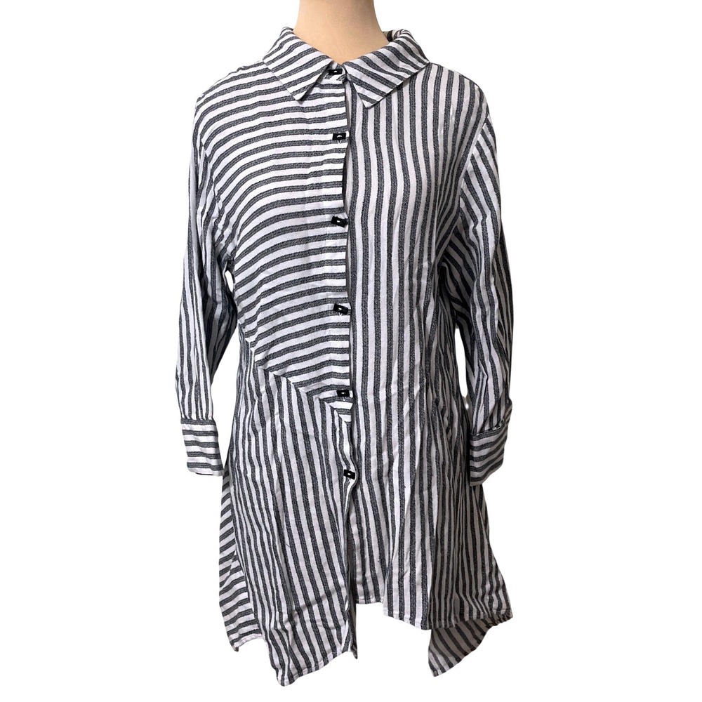 Soft Surroundings Striped Button Down Tunic L White Grey Coastal Lagenlook